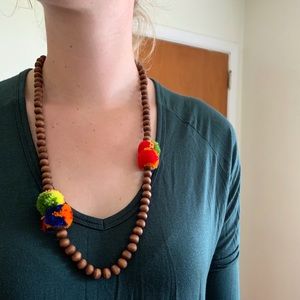 Boho Wooden Pom Pom Necklace